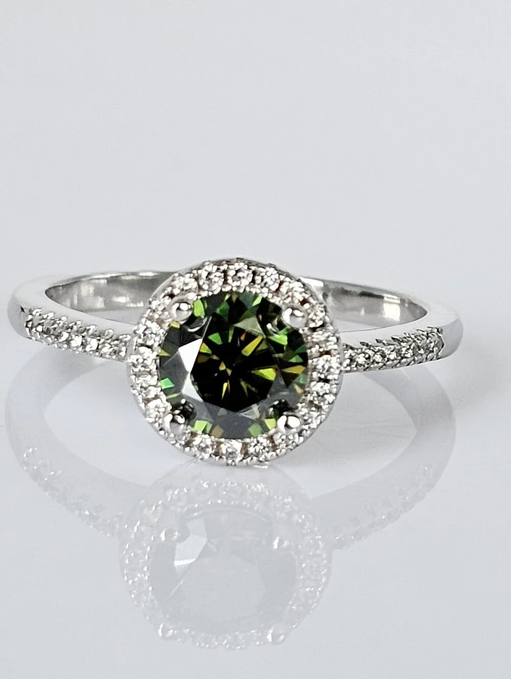 GRA Certified Green & White Moissanite Ring 18K White Gold Vermeil Size 8!